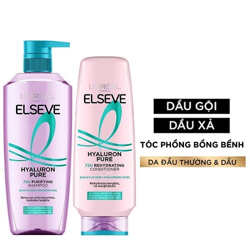 Dầu Gội, Dầu Xả Dưỡng Tóc Phồng Bồng Bềnh Cho Da Đầu Dầu & Thường L'oreal Elseve Hyaluron Pure 72H
