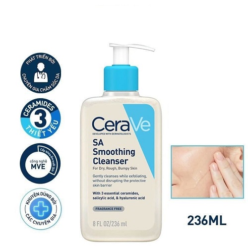 Sữa Rửa Mặt Cerave Làm Sạch Sâu Cho Da Mụn, Tẩy Da Chết Dịu Nhẹ Developed With Dermatologists SA Smoothing Cleanser 236ml