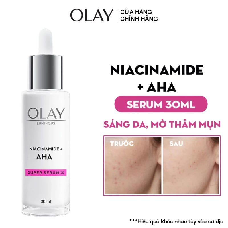Serum Olay Hỗ Trợ Dưỡng Sáng Da, Mờ Thâm Mụn Luminous Niacinamide + AHA Super Serum 30ml