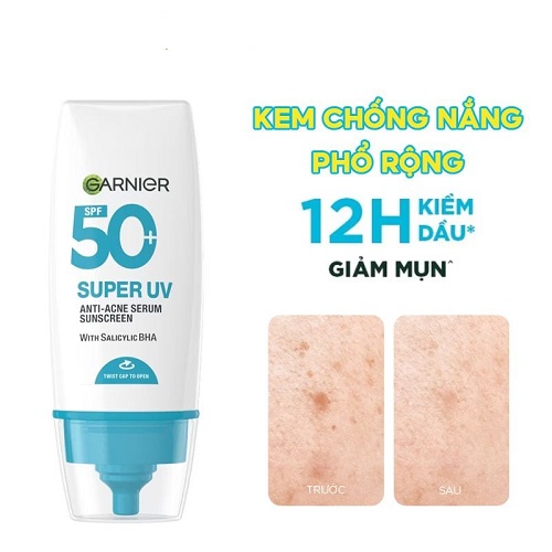 Kem Chống Nắng Phổ Rộng Garnier Kiềm Dầu, Hỗ Trợ Giảm Mụn Super Uv Anti-Acne Serum Sunscreen SPF50+ PA++++ 30ml