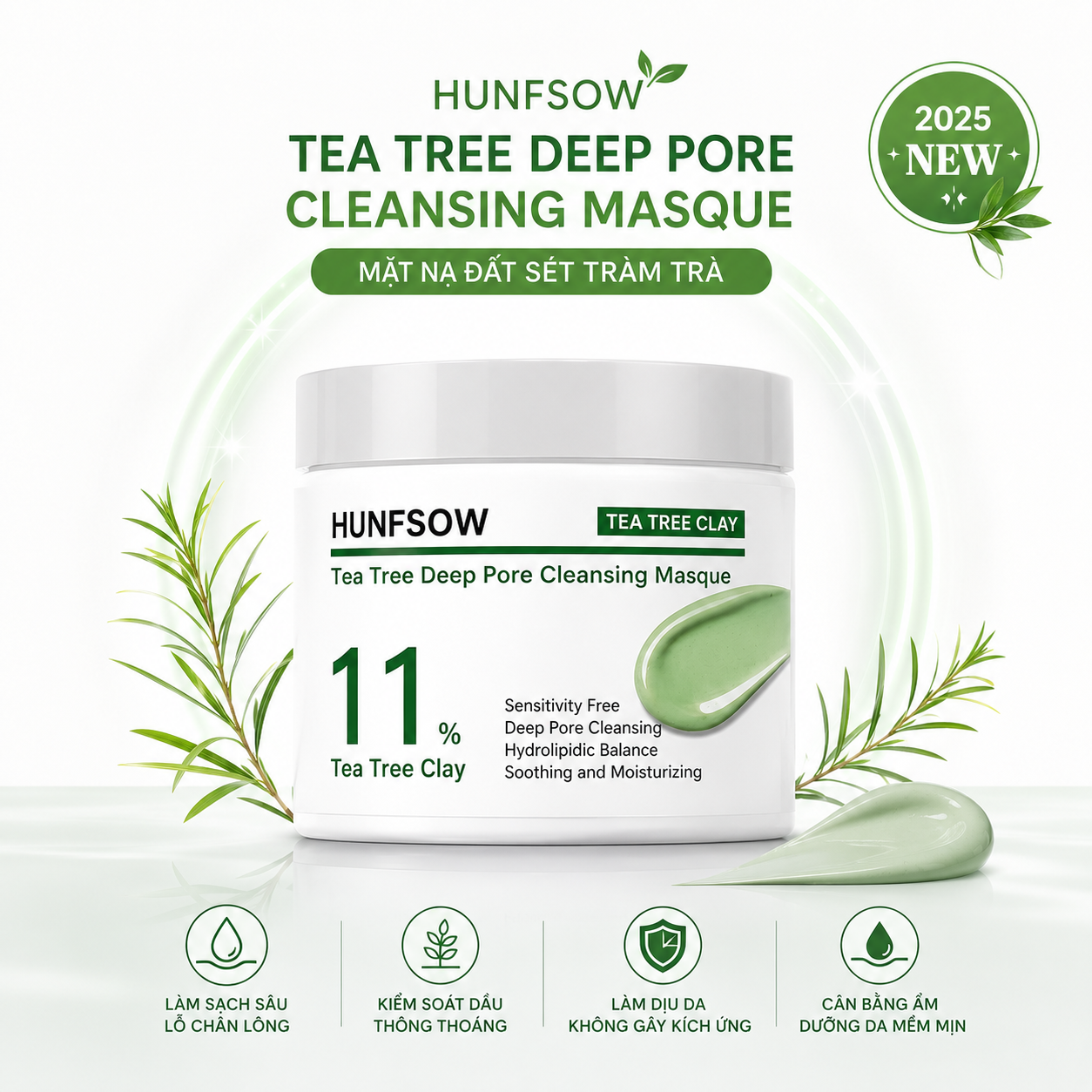 Mặt Nạ Đất Sét Trà Xanh Hunfsow Tea Tree Deep Pore Cleansing Masque Sáng Da Sạch Sâu 120g